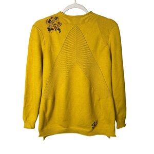 Elegant Mustard Yellow Floral Embroidered Women's Sweater Size S Cozy Knit